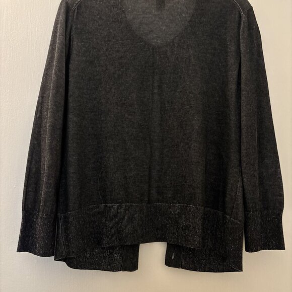 ST JOHN cardigan sweater, Large, dark gray, buttons, fabric cutouts down front. - Picture 4 of 8